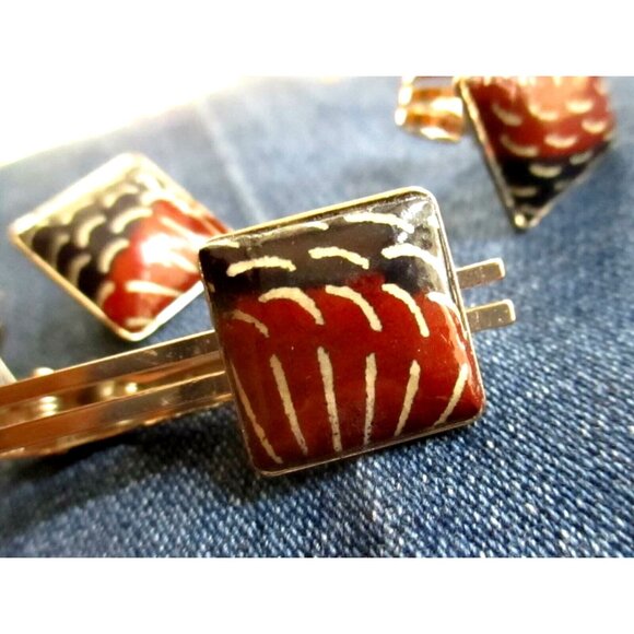 Vintage Gold-Toned Tie Clip Earrings Ring Set Abstract Red Black Enamel Design - Picture 2 of 4